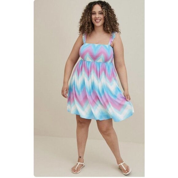 Torrid Mini Challis Smocked Tiered Dress Cotton Candy Multicolored Size 3 New - Picture 1 of 8